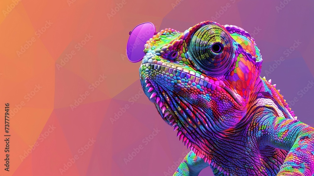 Obraz premium chameleon wearing sunglasses on a solid color background, vector art, digital art, faceted, minimal, abstract, panorama background. Generative AI