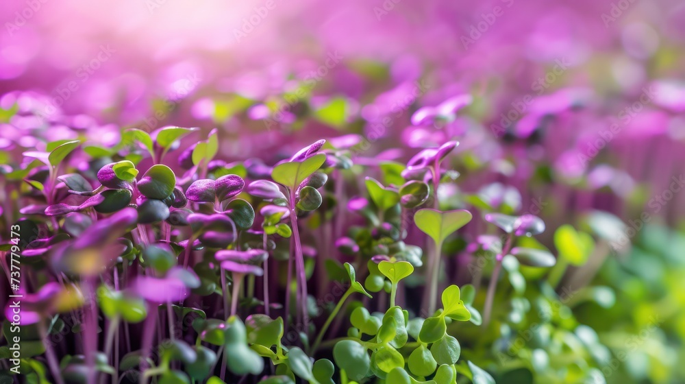 A microgreens garden thriving indoors, nurtured under the glow of purple LED lights within a controlled environment.