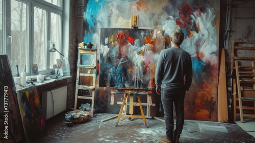 A male artist working in his painting studio, immersed in the creative process. © Andrey