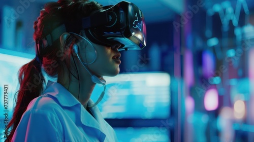 A medical professional, female, utilizing virtual reality equipment integrated with artificial intelligence for healthcare applications.
