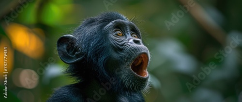 A chimpanzee with its mouth open. Generative AI. © serg3d