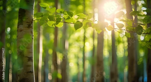 Spring forest in vivid shades of fresh green illuminated by beautiful warm sun