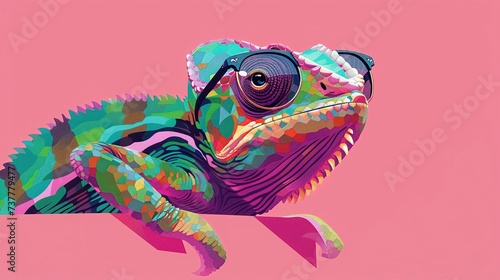 chameleon wearing sunglasses on a solid color background, vector art, digital art, faceted, minimal, abstract, panorama background. Generative AI