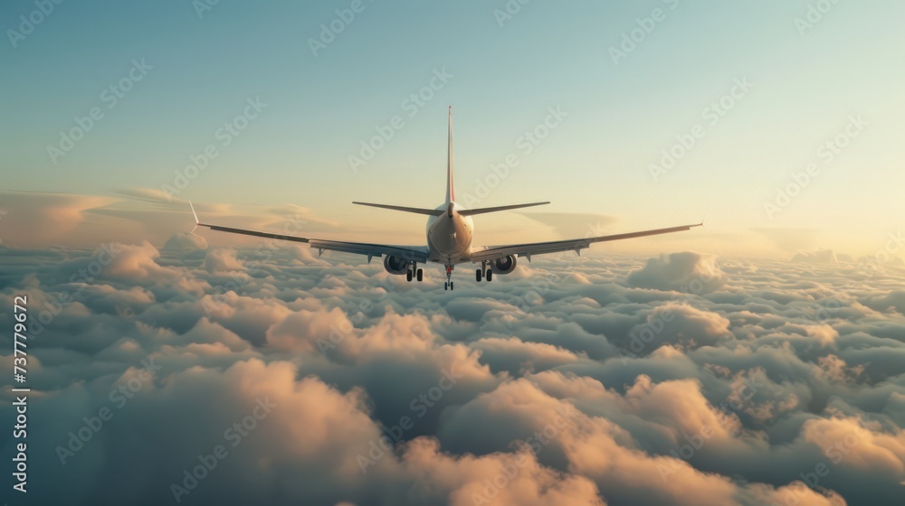 A passenger plane flying amidst the clouds in the sky. - obrazy, fototapety, plakaty 