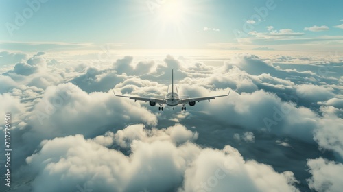 An aircraft soaring through the sky high above the clouds.