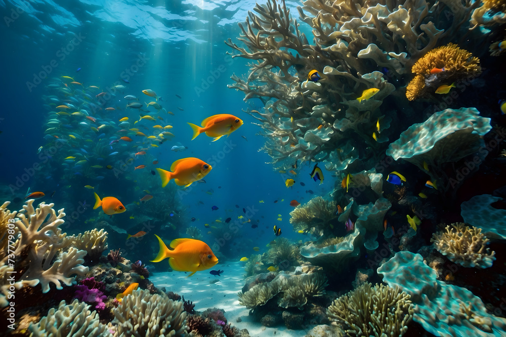 Naklejka premium The symphony of underwater coral reefs and colorful fishes