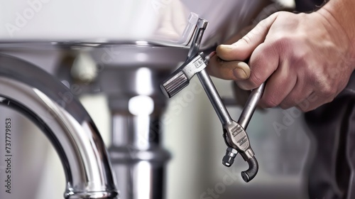 A plumber's skilled hands maneuvering a pipe wrench to adjust the chrome P-trap situated below a white sink photo