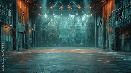 A dimly lit, empty stage in an abandoned warehouse. Generative AI.