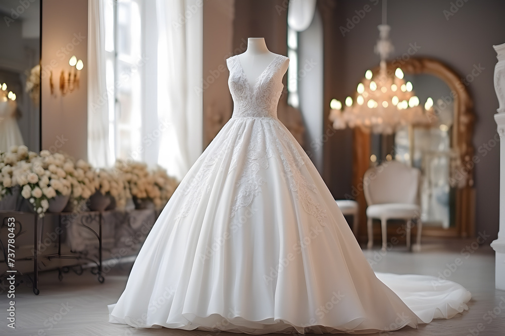 Beautiful white wedding dress on mannequin in elegant room for wedding celebration preparation Beautiful white wedding dress on mannequin in elegant room for wedding celebration preparation