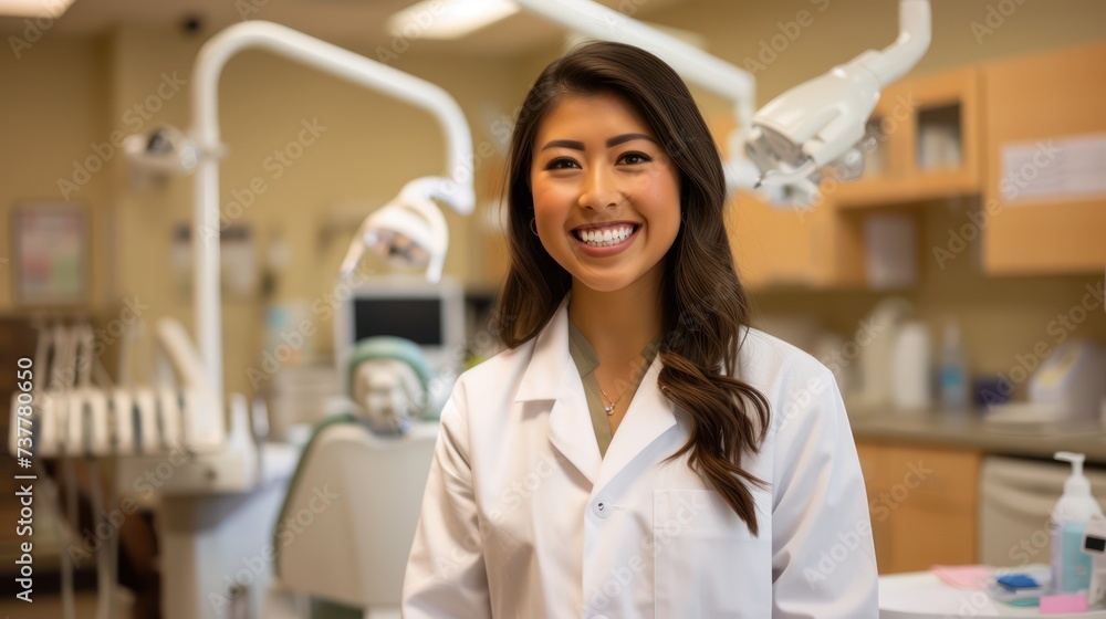 In the backdrop of a dental clinic, a woman wears a white lab coat and confidently smiles, surrounded by dental equipment