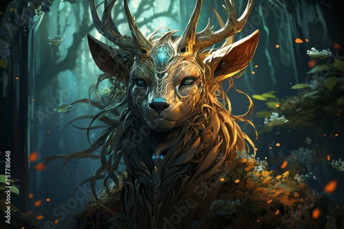 a painting of a deer with antlers in the woods