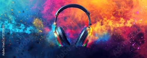 Banner for World Music Day. Headset headphones on vibrant abstract backdrop with musical instruments.