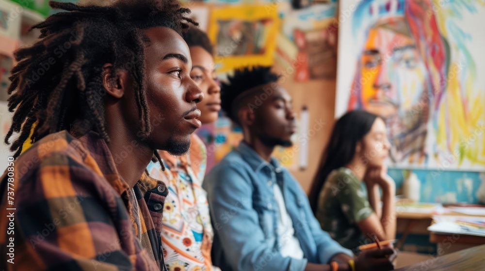 Young African American friends gather in an art studio to participate in a drawing class, joining forces as they attentively listen to their teacher's guidance during the creative workshop.