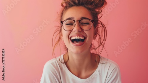 A young woman laughs heartily against a vibrant pink background. © Andrey
