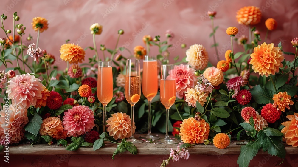 glass of champagne and flowers