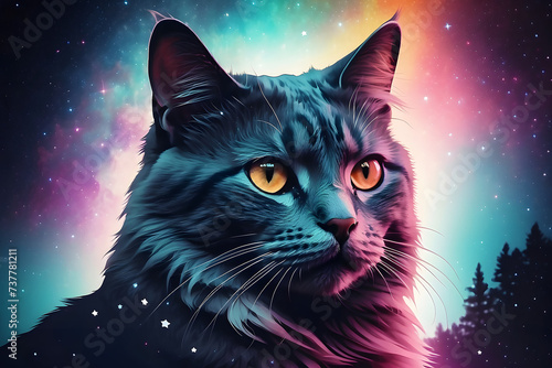 Retro Feline Dreamscape: Silhouette of a Cat and Starry Night Double Exposure in Vintage Colors - 80's Minimalist Poster Design" "Cosmic Cat: Nostalgic Double Exposure Blending Feline and Celestial El