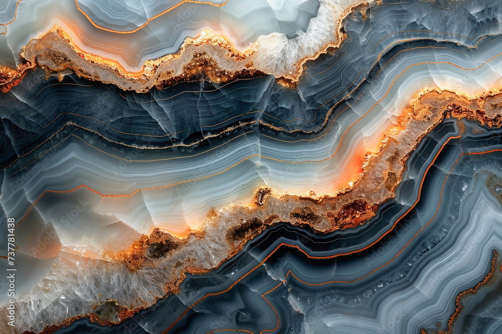 This image showcases the natural beauty of a blue and orange banded agate stone, highlighting its mesmerizing patterns and colors.
