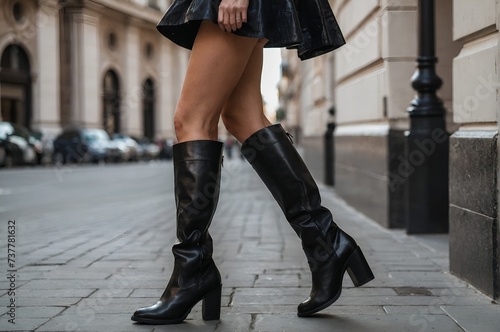 Female legs in black boots, in the street style