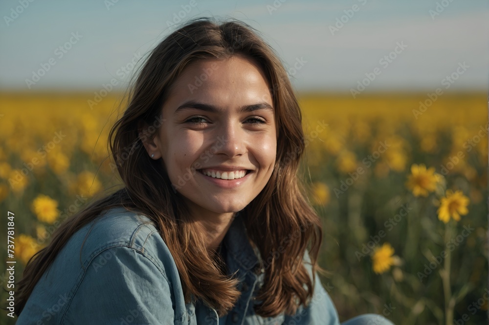 Smiling young woman sitting isolated on flat color background Smiling young woman sitting isolated on flat color background