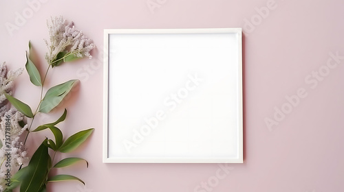 Blank Picture Frame on Pastel Purple Wall, Minimalist Backdrop, Copy Space for Text, Birthday, Anniversary, Mother's Day, New Year, Wishes, Invitation Card photo