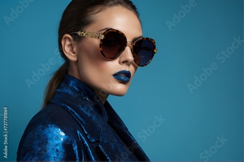Glamorous Model with Artistic Makeup and Sunglasses, on a blue background