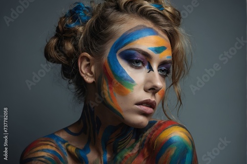 Young woman muse with creative body art and hairdo