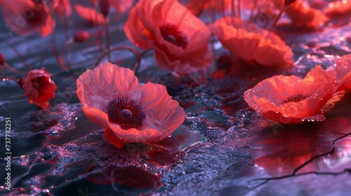 a symphony of velvet poppy blooms as they grace the cracked and wet terrain, portrayed in macro close-ups. photo