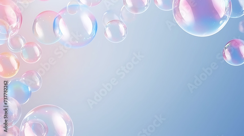 Colorful Soap Bubbles on Light Blue Background, Minimalistic, Copy Space for Text