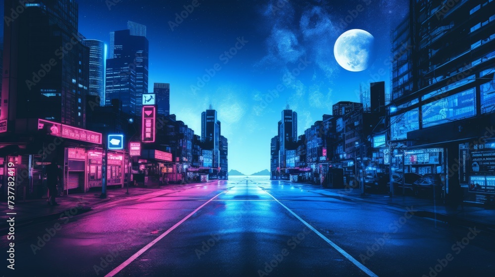 Neon Nightfall: Surreal Urban Street Under the Gaze of a Celestial Moon