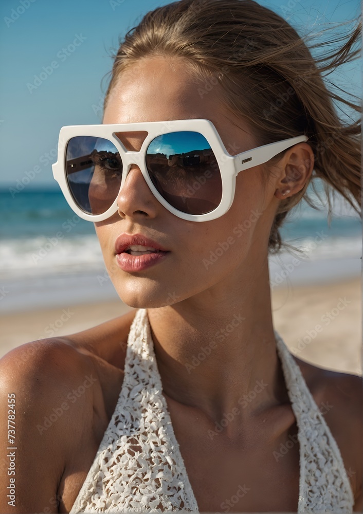 A beautiful model with white sunglasses, on beach background A beautiful model with white sunglasses, on beach background