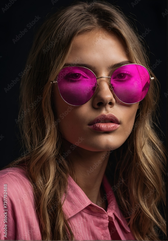 A beautiful model with pink sunglasses, on black background A beautiful model with pink sunglasses, on black background