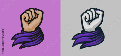 Female Raised Fist with Purple Kerchief, equality protest on women day