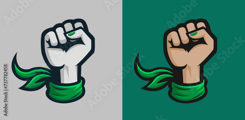 Female Raised Fist with Green Kerchief, vector illustration