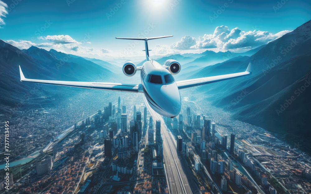 Private jet plane flying above city in beautiful sunset light. Modern and fastest mode of transportation, business life. Private jet plane flying above city in beautiful sunset light. Modern and fastest mode of transportation, business life.