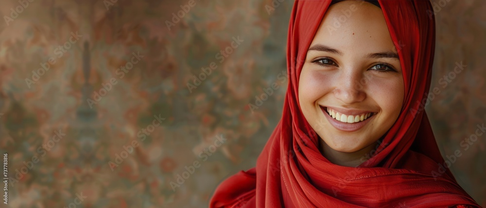 a smiling young girl wearing a red hijab with a mottled beige and red background a smiling young girl wearing a red hijab with a mottled beige and red background
