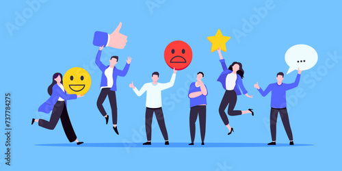 Employee feedback work satisfaction survey business concept flat vector illustration. Employee or customer feedback rating opinion with people and social icons - thumb, smile emoji, stars and heart. photo