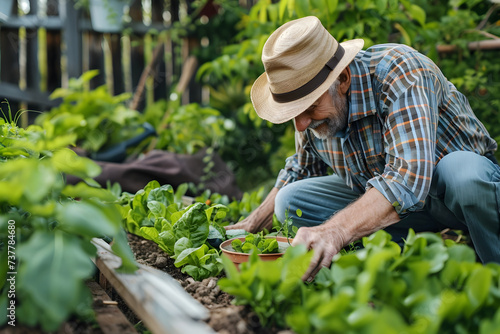 Elderly Man Planting Vegetables in Garden