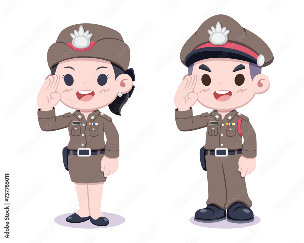 Cute style man and woman Thai police officer saluting cartoon illustration
