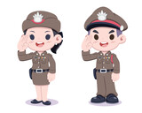 Cute style man and woman Thai police officer saluting cartoon illustration
