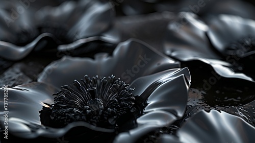 the cascade of solid noir-toned poppies on the dark brown, cracky earth, each bloom portrayed in macro close-up shots. photo