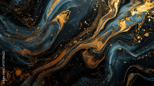 Gold and black marble background with swirls of gold and blue
