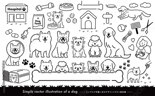 お散歩や走る姿・飼い主と一緒の犬(いぬ)・ペットのかわいい線画ベクターイラストセット_モノトーン