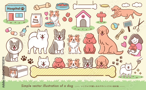 お散歩や走る姿・飼い主と一緒の犬(いぬ)・ペットのかわいい線画ベクターイラストセット