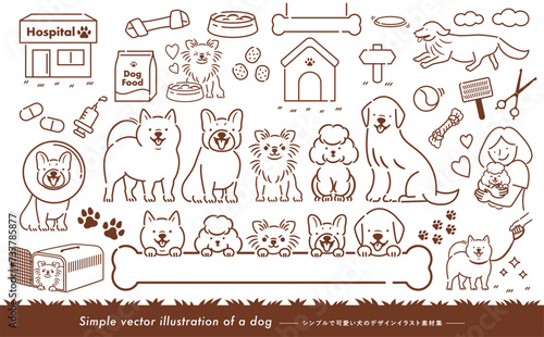 お散歩や走る姿・飼い主と一緒の犬(いぬ)・ペットのかわいい線画ベクターイラストセット_茶色線