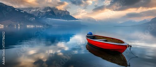 A serene scene of a boat peacefully gliding across a calm lake. © javu
