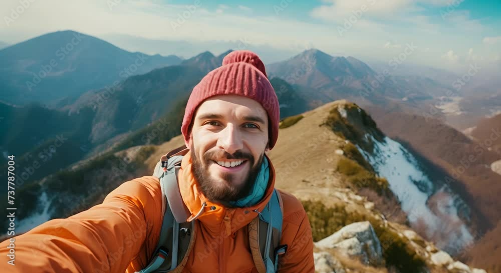 Young man taking a selfie against a mountain backdrop. The concept of adventure and travel. Young man taking a selfie against a mountain backdrop. The concept of adventure and travel.