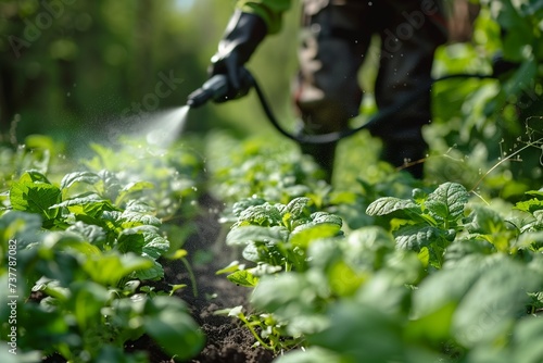 Farmer Spraying Herbicides on Vegetable Plants in the Garden © yevgeniya131988