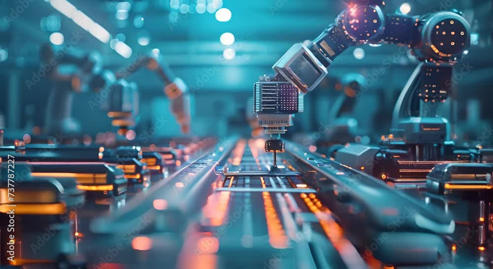 Robotic arm installing a processor on a production line. The concept of automation and robotics. Robotic arm installing a processor on a production line. The concept of automation and robotics.