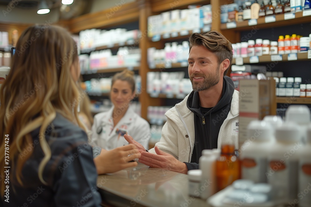 Pharmacists Offer Expert Advice on Foot Care Products at Pharmacy Counter Amidst Shelves Stocked with Wellness Essentials