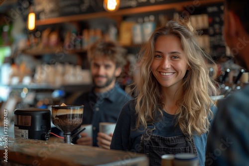 Smiling Woman with Blonde Curly Hair Pays for Coffee with Partner at Cash Register © yevgeniya131988